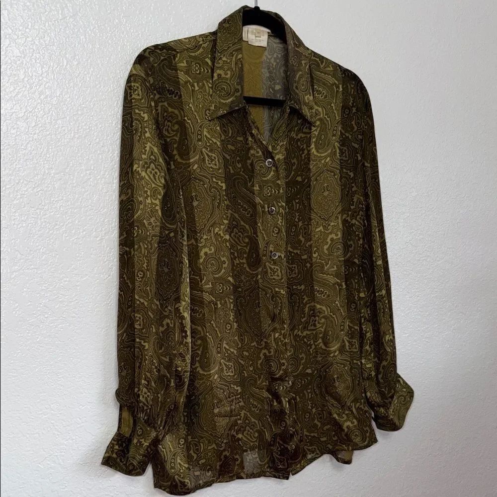 Vintag retro ESCADA olive green silk Paisley Button-Up Blouse 38 - Picture 5 of 8